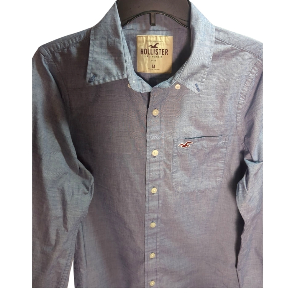 Hollister Shirt Men's Med Chambray Blue LS Shirt Logo Pocket - Picture 2 of 4